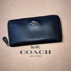 COACH Long Zip-Around Phone Wallet Black Pebble Leather Gold Hardware AUTHENTIC